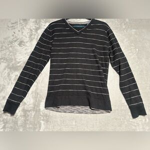 Perry Ellis Linen Blend V Neck Sweater Mens Small Stripe Black Office